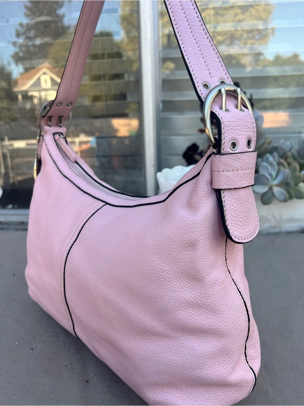Soft Pink Pebbled Leather Shoulder Bag with Buckle Detail